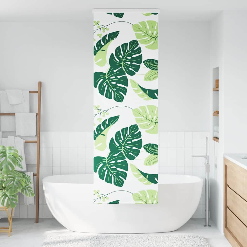 Roleta prysznicowa z kasetą 70 x 240 cm, wodoodporny materiał PEVA, szerokość materiału 66 cm, wzór zielonych liści, do łazienki, wnętrz, łatwy montaż