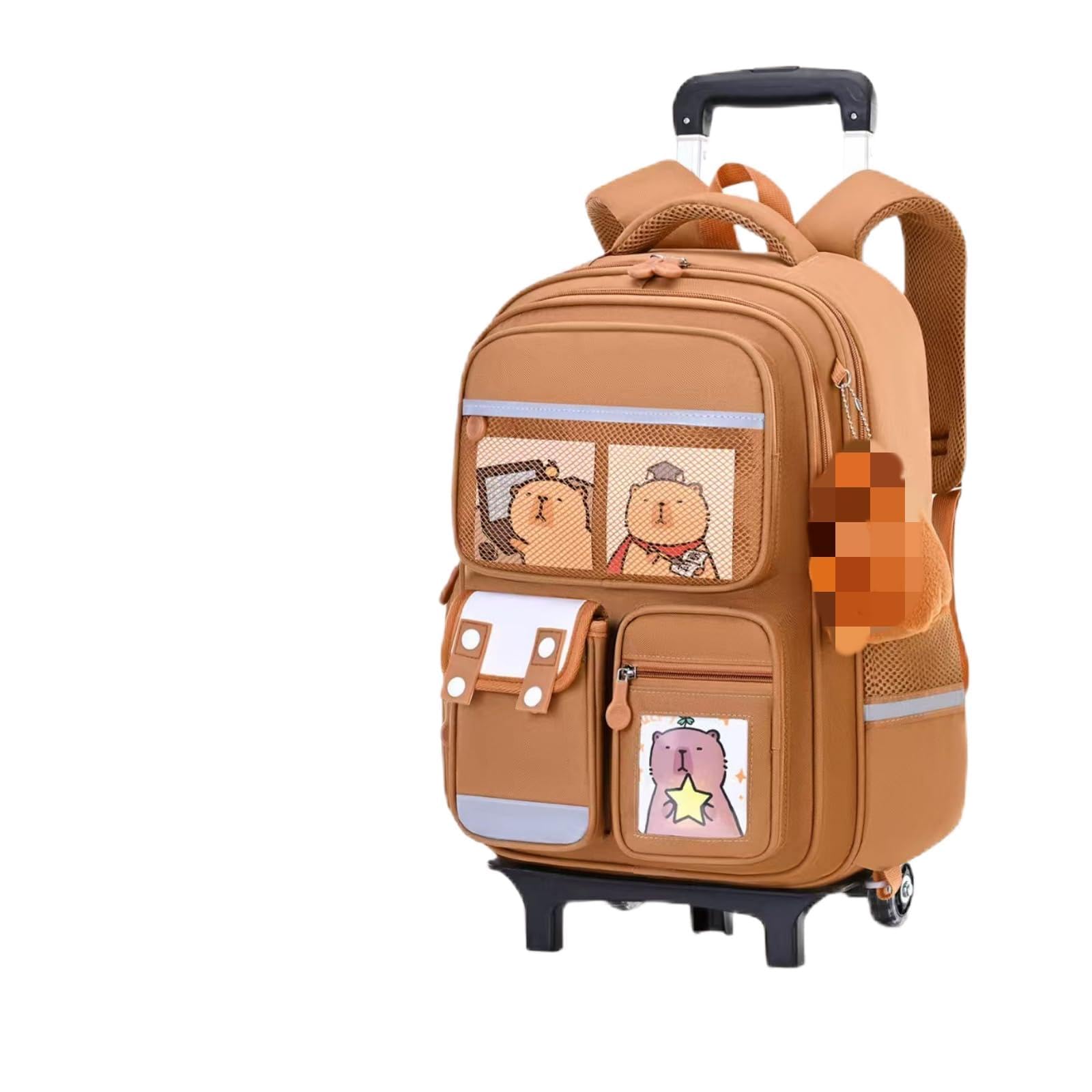 Zaino Trolley Scuola Elementare Motivo Capibara 12 Pezzi Zaino Scolastico Smontabile Riflettente Resistente All'Acqua Per Bambini Bambine Classi 2-6 (Marrone)