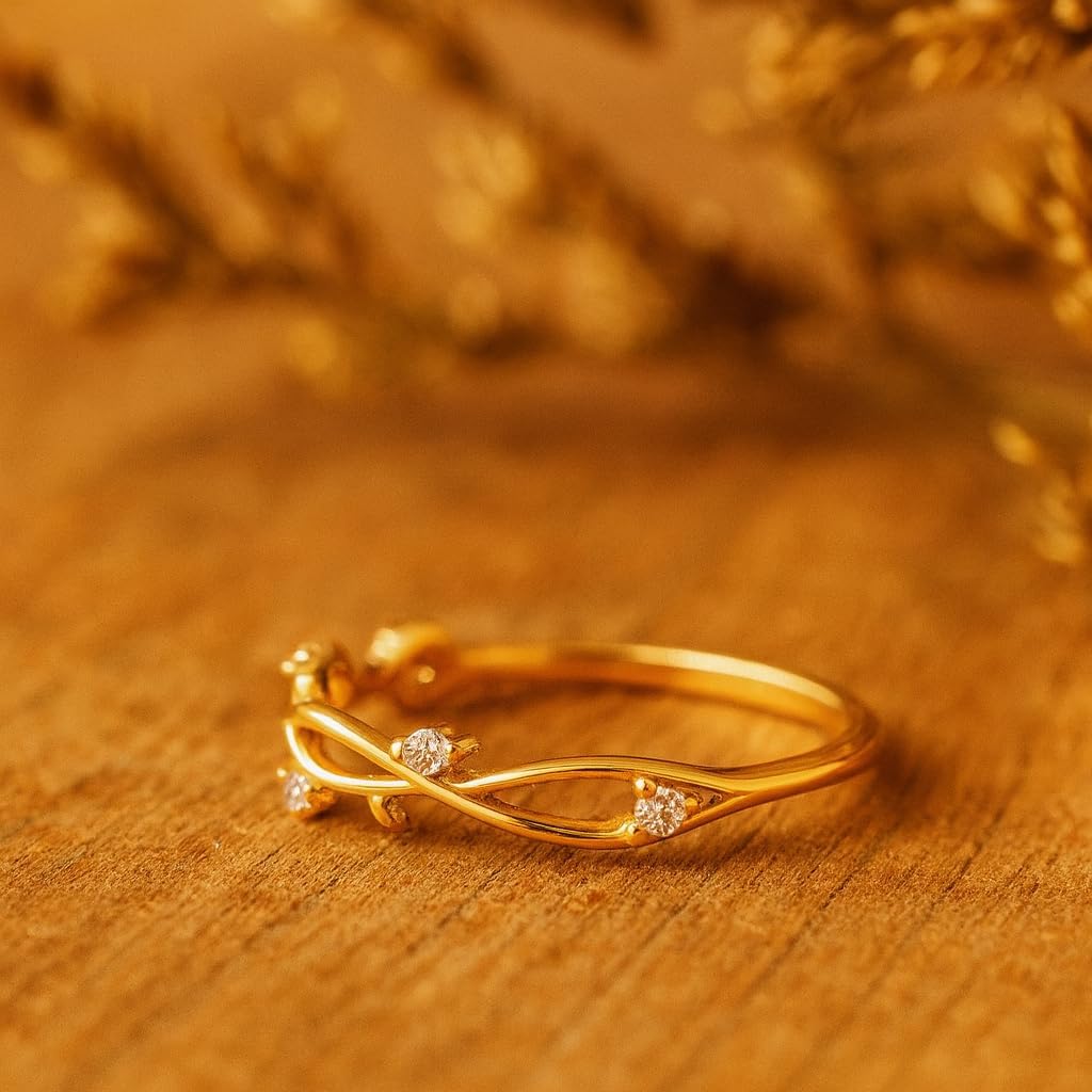 Dainty Branch Ring for Women 14K Yellow Gold Nature-Inspired Twisted Vine Band with CZ Diamond Minimalist Stacking Promise Jewelry Gift for Her