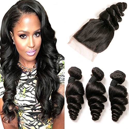 DAIMER Brazilian Loose Wave 3 Bundles with 4x4 Free Part Silk Closure Virgin Hair 3 Bundles Hair Weave Mink Human Hair Weft Natural Color 22 24 26+20