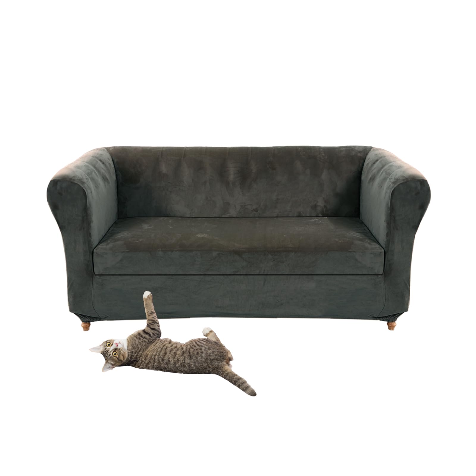 Stretch Velvet Chesterfield Sofa Cover with Seat Cushion Covers for Curved Chaise Armchair Vintage Style (Dark Grey Love+Large 2 Seater 1 Piece) — image 1