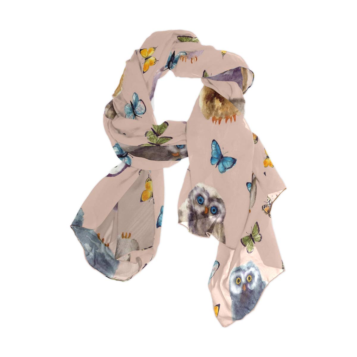 linomo Women's Chiffon Silk Large Scarf Cute Owl Butterfly Long Shawl Wrap Silk Like Scarf