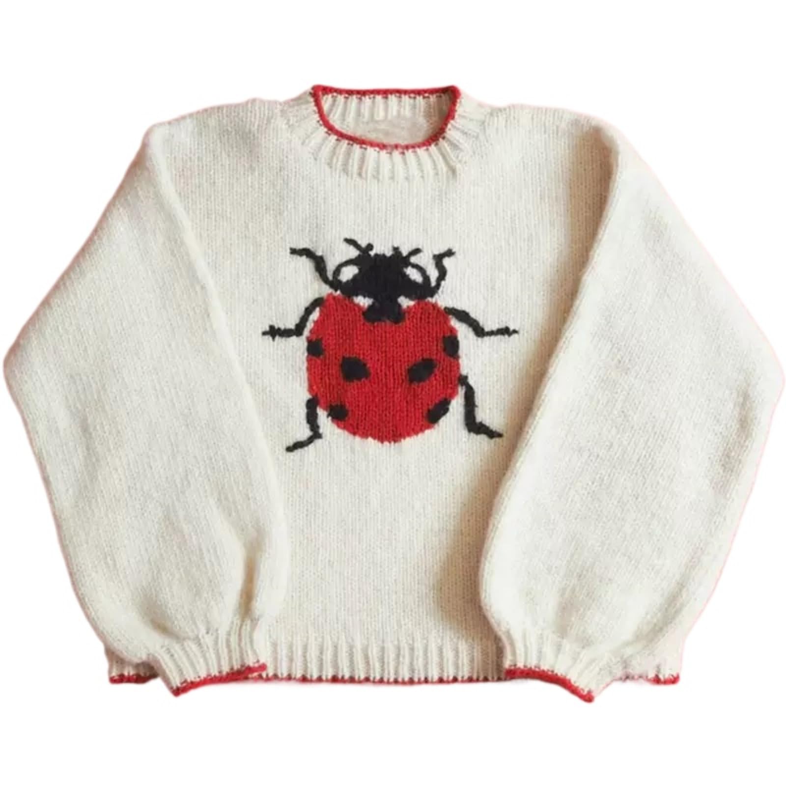 Womens Oversized Sweater Whimsy Twee Funky Ladybug Print Whimsical Y2K Knit Sweaters Pullover Whimsigoth Clothes