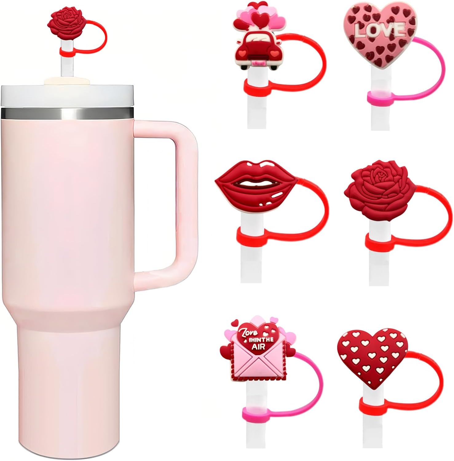 6PCS Valentine's Day Straw Cover for Stanley Cup, Heart Rose Silicone Straw Topper for Stanley 30&40 Oz Tumbler, 10mm 0.4in Dust-Proof Reusable Straw Topper for Stanley Accessories (A)