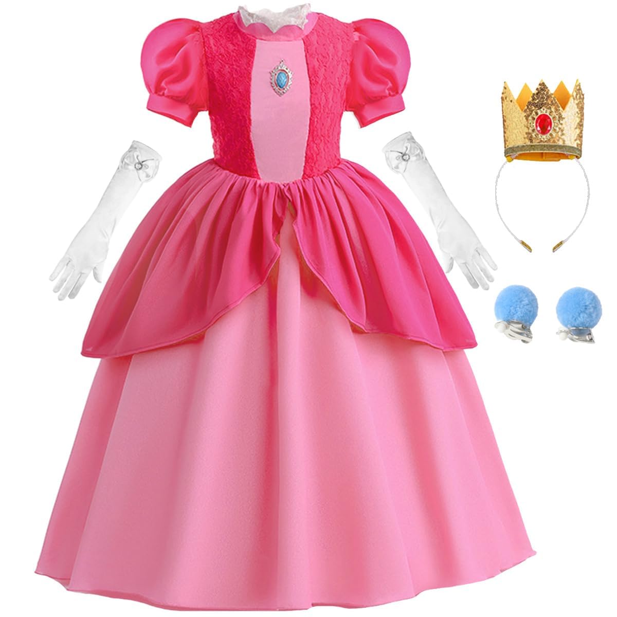 Snyemio Disfraz de Princesa Peach para Niña Vestido Super Mario Rosa con Accesorios para Halloween Carnaval Cosplay Fiesta Cumpleaños con Accesorios