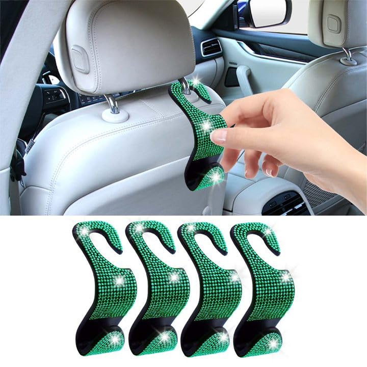 LAINLOY 4PCS Bling Car Headrest Hook, Crystal Rhinestone Back Seat Purse Holder, Car Seat Hanger Storage for Bag, Grocery, Handbag, Universal Interior