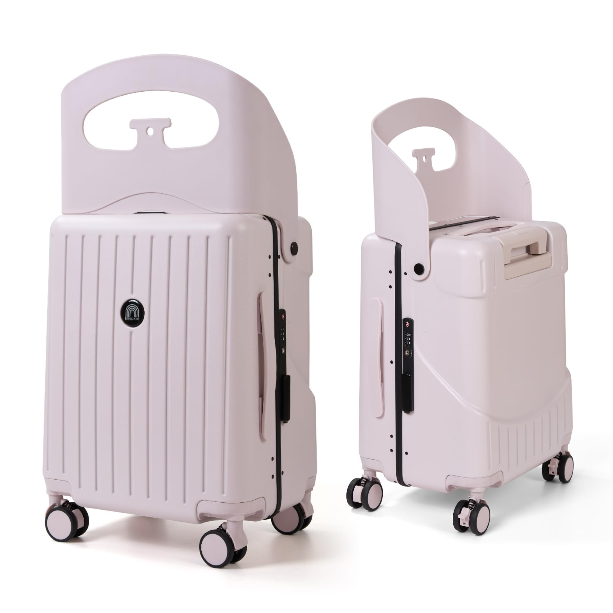 RAINRO & CO Whisper Blush 20" Ride-On Carry-On Luggage for Kids & Adults with Built-In Seat, Spinner Wheels, and Secure TSA Lock – Durable Hardside