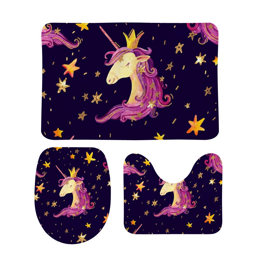 Tapis de bain aquarelle licorne en velours corail | Lot de 3 absorbants