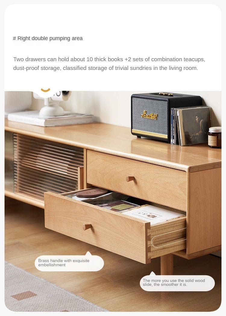 GVAwood European Beech Solid Wood Large Capacity TV Cabinet. 70.8x13.7x15.7 inch/Natural Wood Color/Double Drawer Sliding Door TV Cabinet + Coffee Table (47.2x22x17.6 inch)