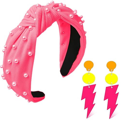 Aretes y diadema de neón de los años 80 y 90, diadema anudada con perlas de acrílico, aretes de gota de acrílico, accesorios de fiesta de disfraces