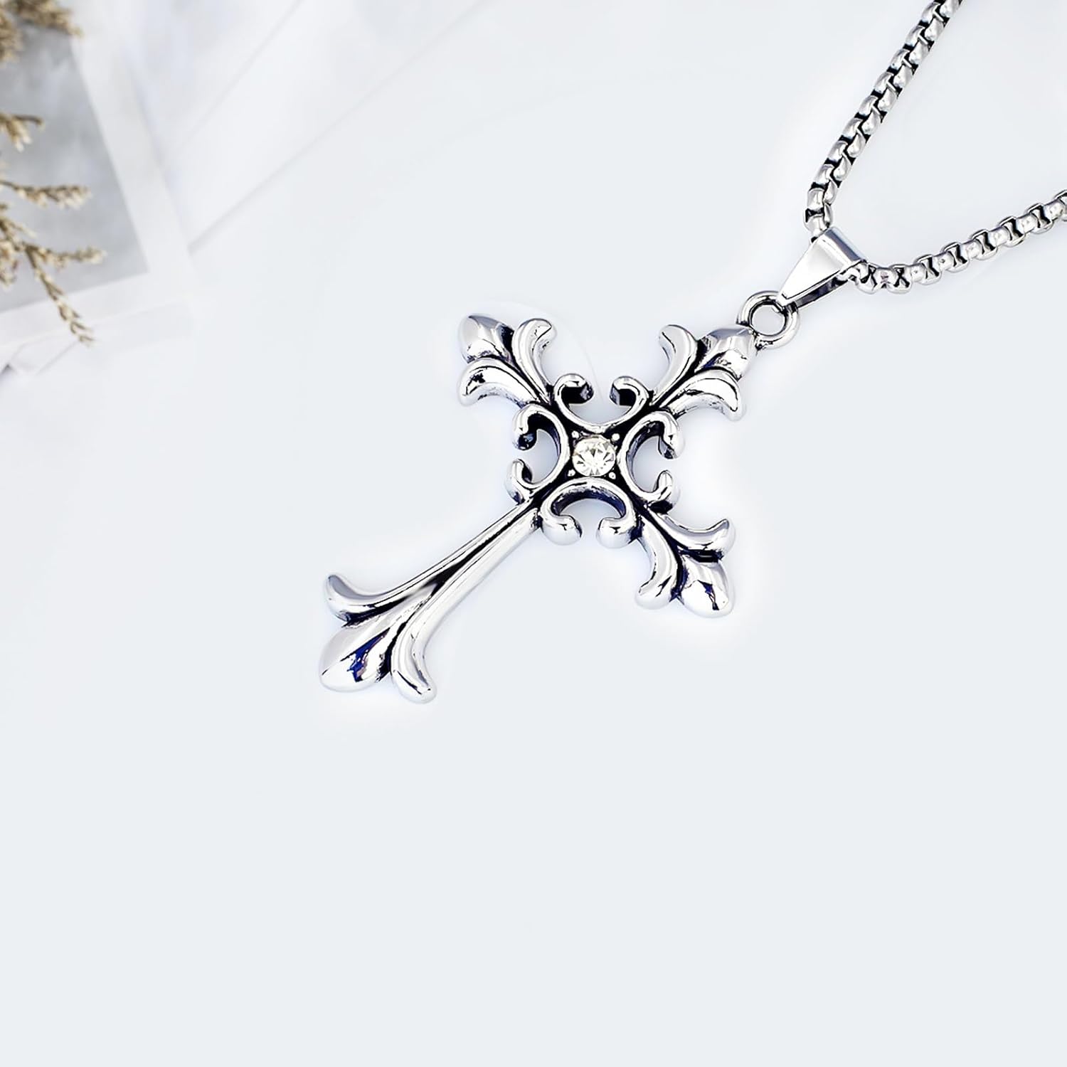 Gothic Cross Necklaces, Silver Stainless Steel Cross Pendant Necklace with Diamond Embellishment Emo Punk Necklace Y2K Jewelry for Women Men - Image 5