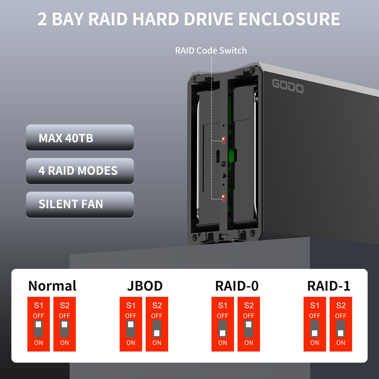 GODO 3.5 pollici Dual Bay Hard Drive Enclosure,USB3.0 a 3.5 pollici SATA HDDs External Enclosure,Modalità RAID 0/1/JBOD/PM,Docking Station per disco rigido RAID max 40TB,Alluminio