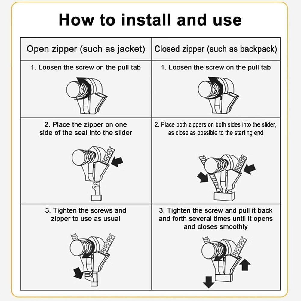 SEMITO Zipper Repair Kit, Instant Zipper Sliders with Nylon Pull Tabs Cords, Replacement Plastic Zipper Pull for Sliding Teeth, Universal Screw Fix Removable Zippers for Bags, Garments (Pack Of 6, Medium) 4
