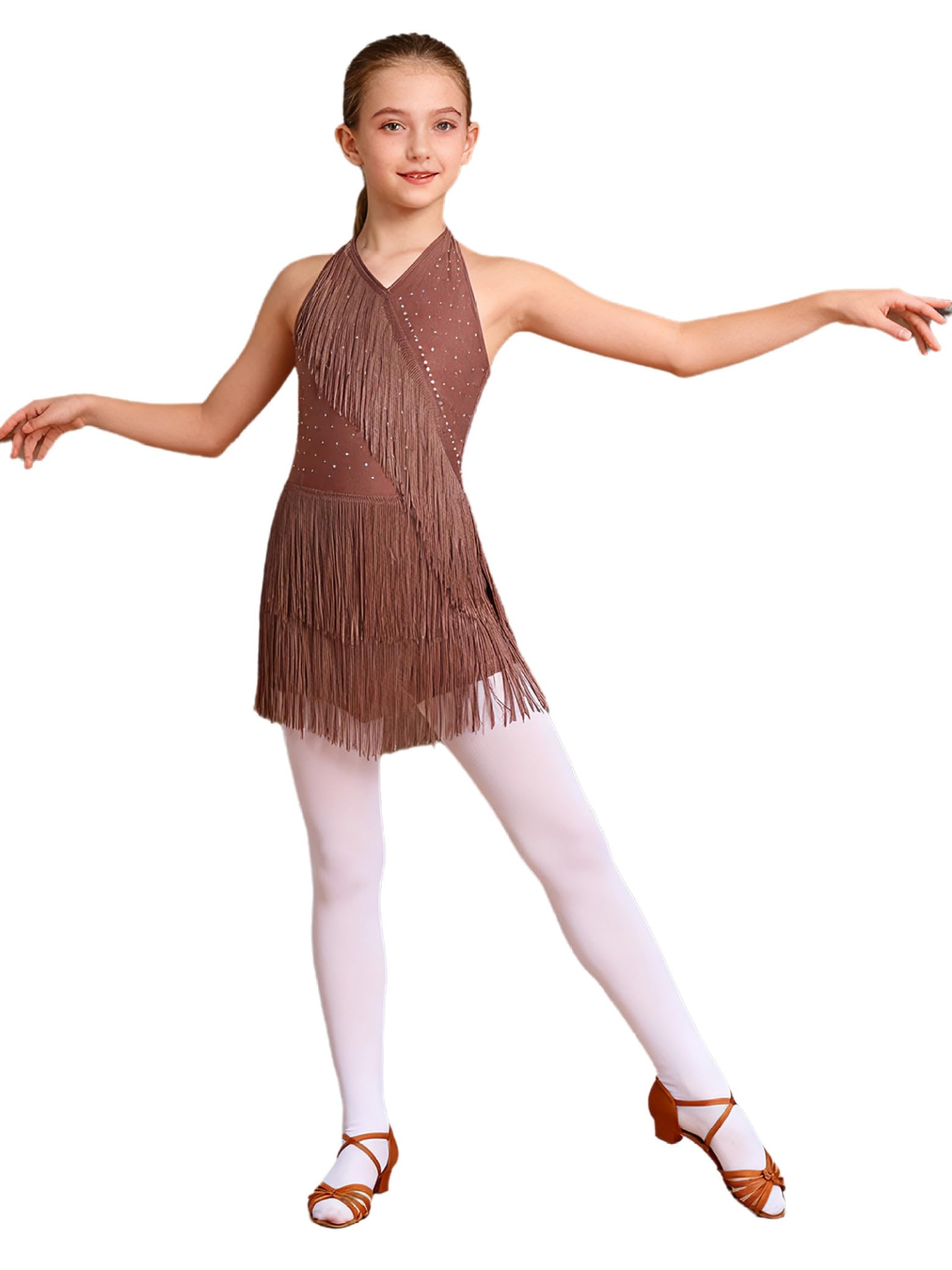 Jydiazi Vestido de baile latino para niña, con flecos, con brillantes, vestido de tango latinoamericano, Cha Cha, ropa de baile — view 13