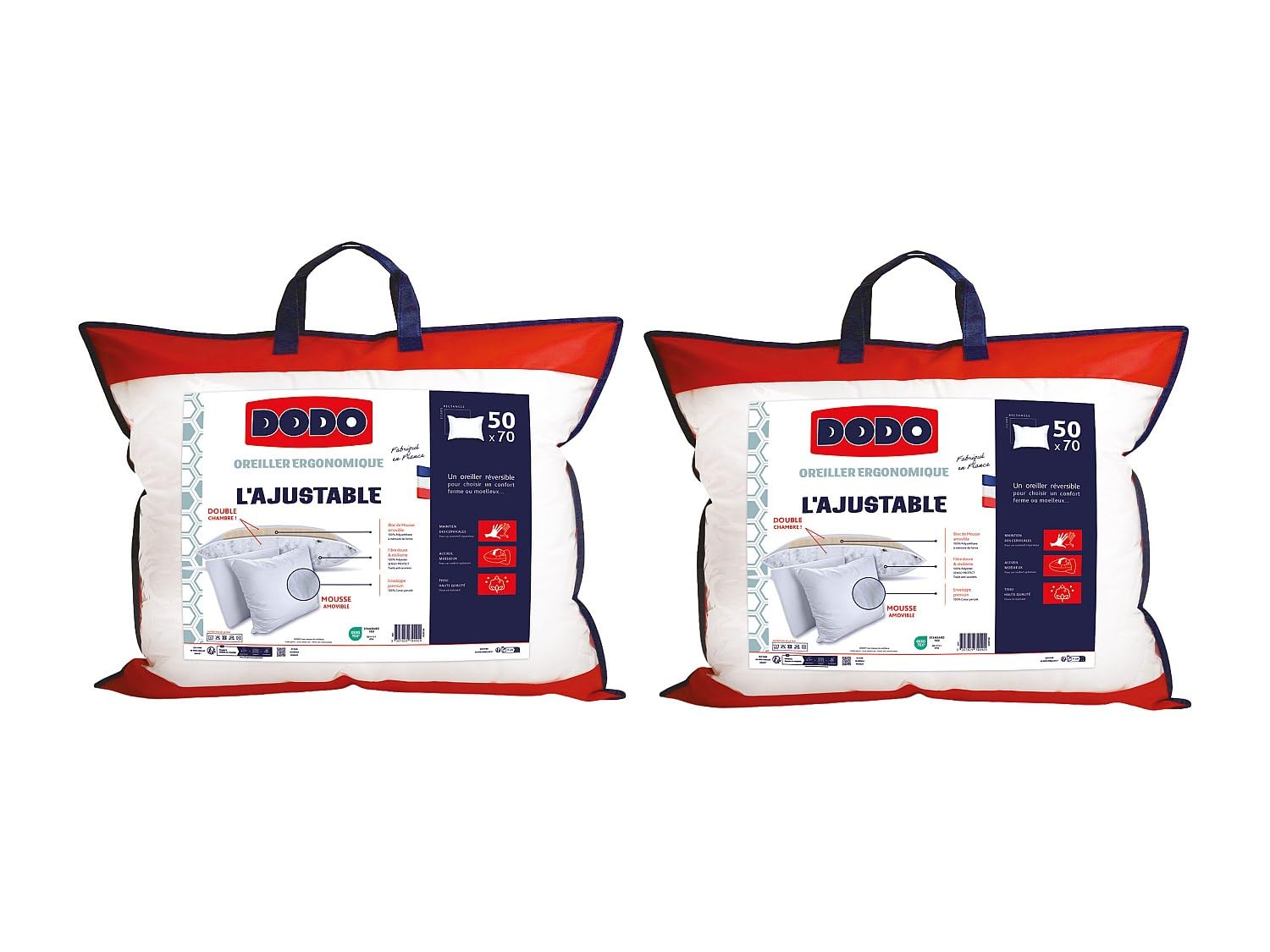 Vente-unique - Lot de 2 oreillers Dodo Ergonomique Anti-acariens à mémoire de Forme - 50x70cm - CŒUR Adapt