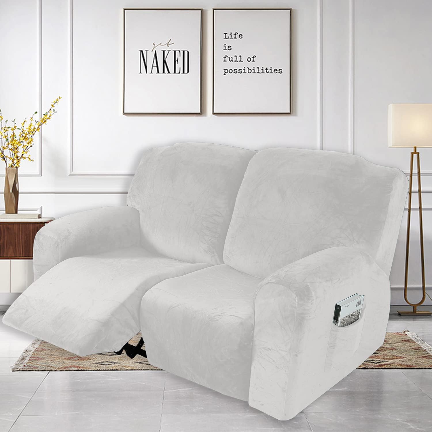MIFXIN Recliner Sofa Cover Velvet Stretch 2 Seat Reclining Sofa Loveseat Couch Slipcover Soft Thick Elastic Recliner Chair Cover Anti-Slip Washable Furniture Protector for Kids Pets (White)