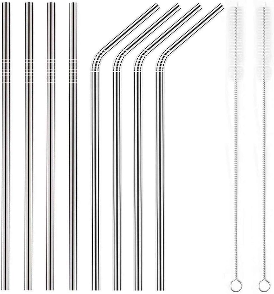 PHQ Set of 8 Stainless Steel Metal Straws. Ultra Long 8.5&10.5 Inch Reusable Straws For Tumblers, RTIC, Tervis, Ozark Trail, Starbucks, Mason Jar, Cold Beverage (4 Straight+4 Bent+2 Brushes)