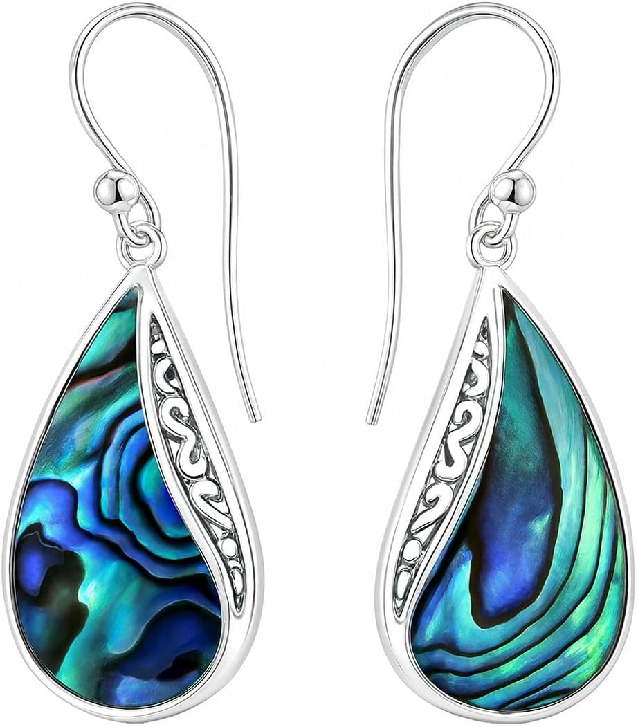 Abalone Shell Dangle Earrings for Women Sterling Silver 925 - Unique Vintage Beach Boho Earrings - Costume Jewelry Anniversarys Gifts for Womens