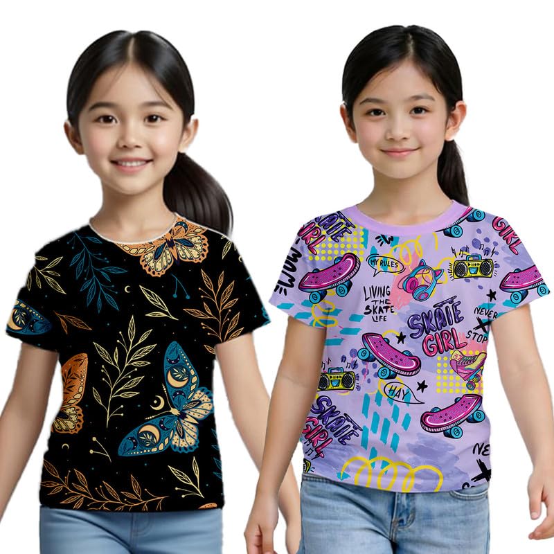 Nusyl Girls Printed Cotton Blend Tshirt – Soft, Warm & Comfortable Half-Sleeves T-Shirt | Casual Wear for Kids & Teen Girls | Short Sleeves T-Shirt |- NGSHPO2SS26-3 Deal
