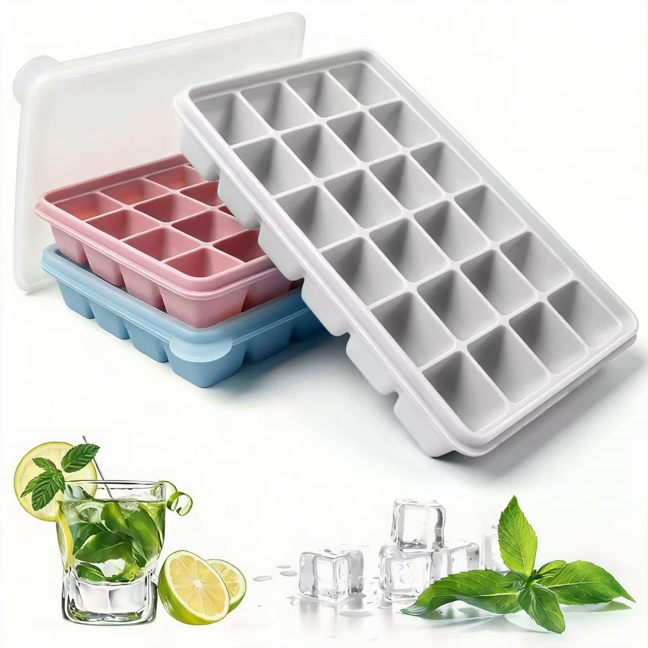 Ice Cube Tray with Lid, 3 Packs 72 Cubes, Silicone Ice Cube Mold Large Reusable Moulds and BPA Free for Whiskey, Cocktail, Drinks&Food, Freezer, Souper（Purple+Pink+Green） — image 1