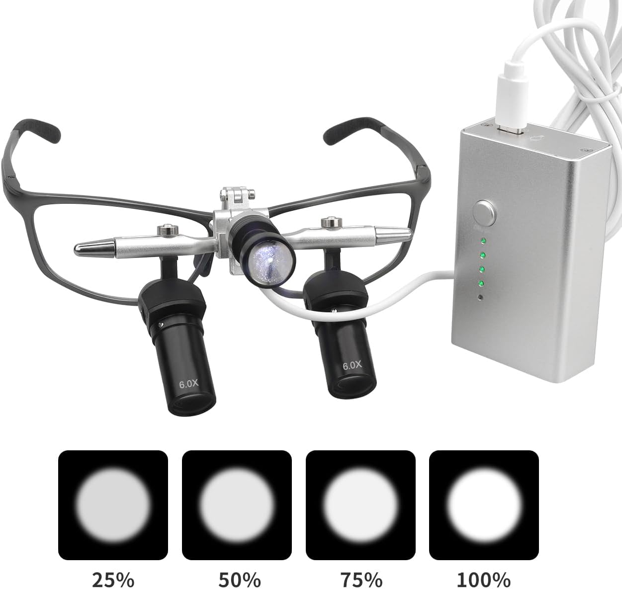 REEHUT 48°Ergonomic Binocular Loupes Working Distance 350-450mm Ergo Surgical Loupes Magnifying Glasses PD,PH Adjustable with Luminance Adjustable 5W LED Headlight Lamp (6.0X with LED Headlight)