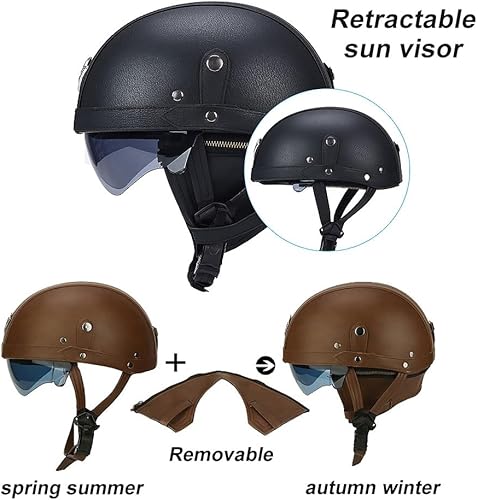 Miniatura 3 de Casco de motocicleta de cuero vintage alemán, medio casco para adultos con certificación DOT, para hombres y mujeres, con gafas y visera, para