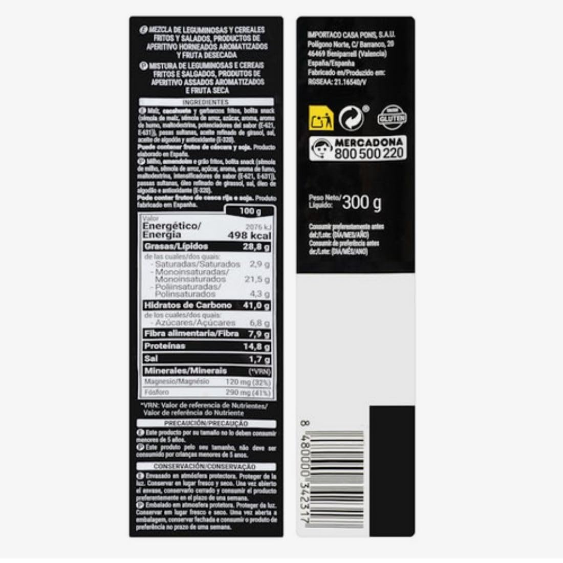 Cocktail-Mischung Hacendado bestehend aus Mais, Erdnüssen, Kichererbsen, Snackbällchen und Sultaninen 6er-Pack