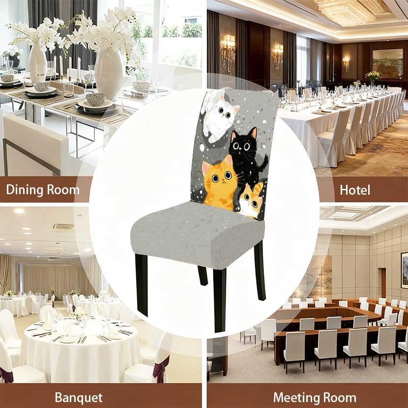 Set of 4 Christmas Cat Dining Chair Slipcovers 15.75 x 19.69 Inch Gray Background with Cute Kittens in Snow Seasonal Chair Back Protector for Kitchen Living Room Winter Party Home Decoration