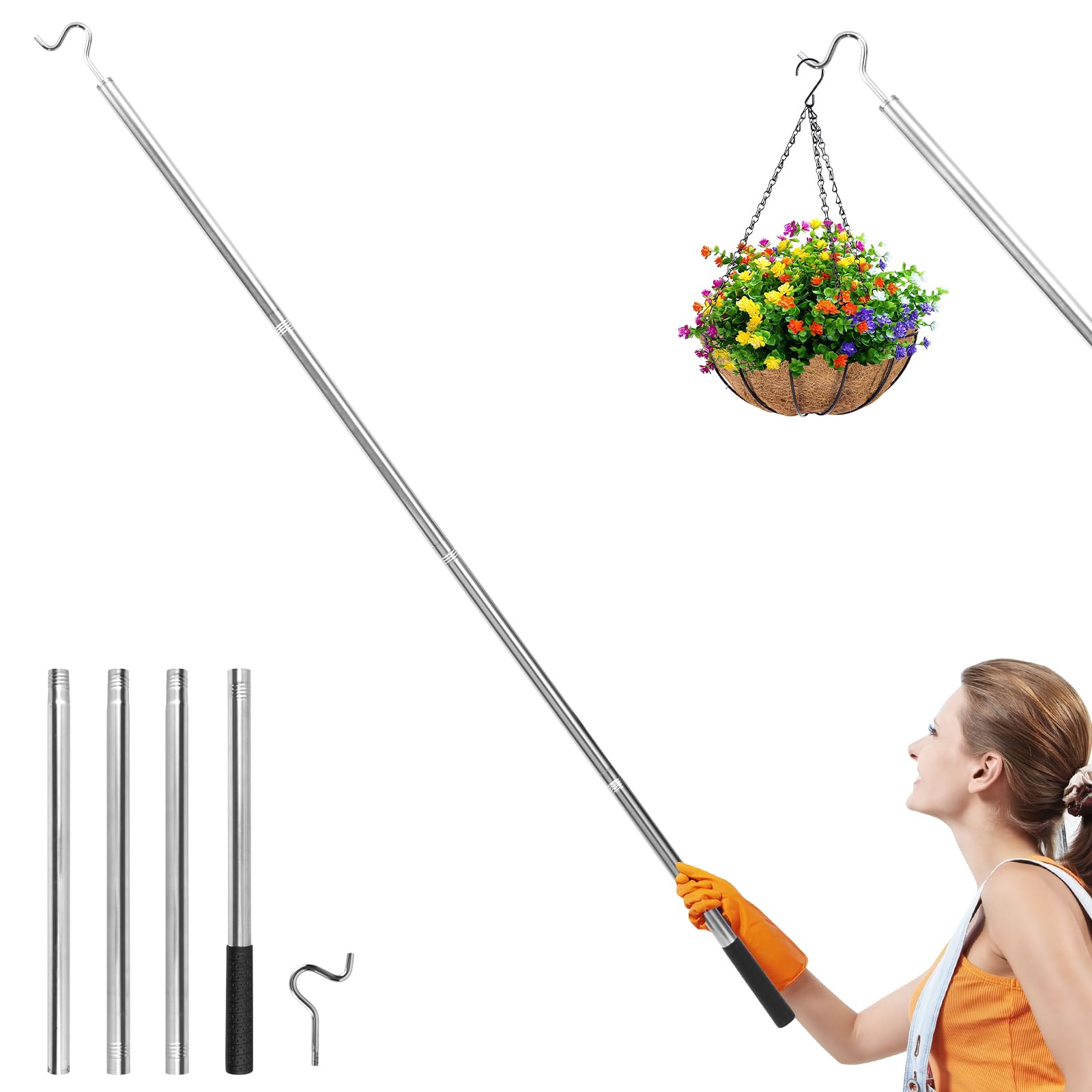 Zhjiutak Silvery Clothes Hook Pole, 172Cm Wardrobe Hook Pole,Detachable High Reach Garment Hooks Hanger Reacher Poles Suitable For Clothesline Closet Ceiling