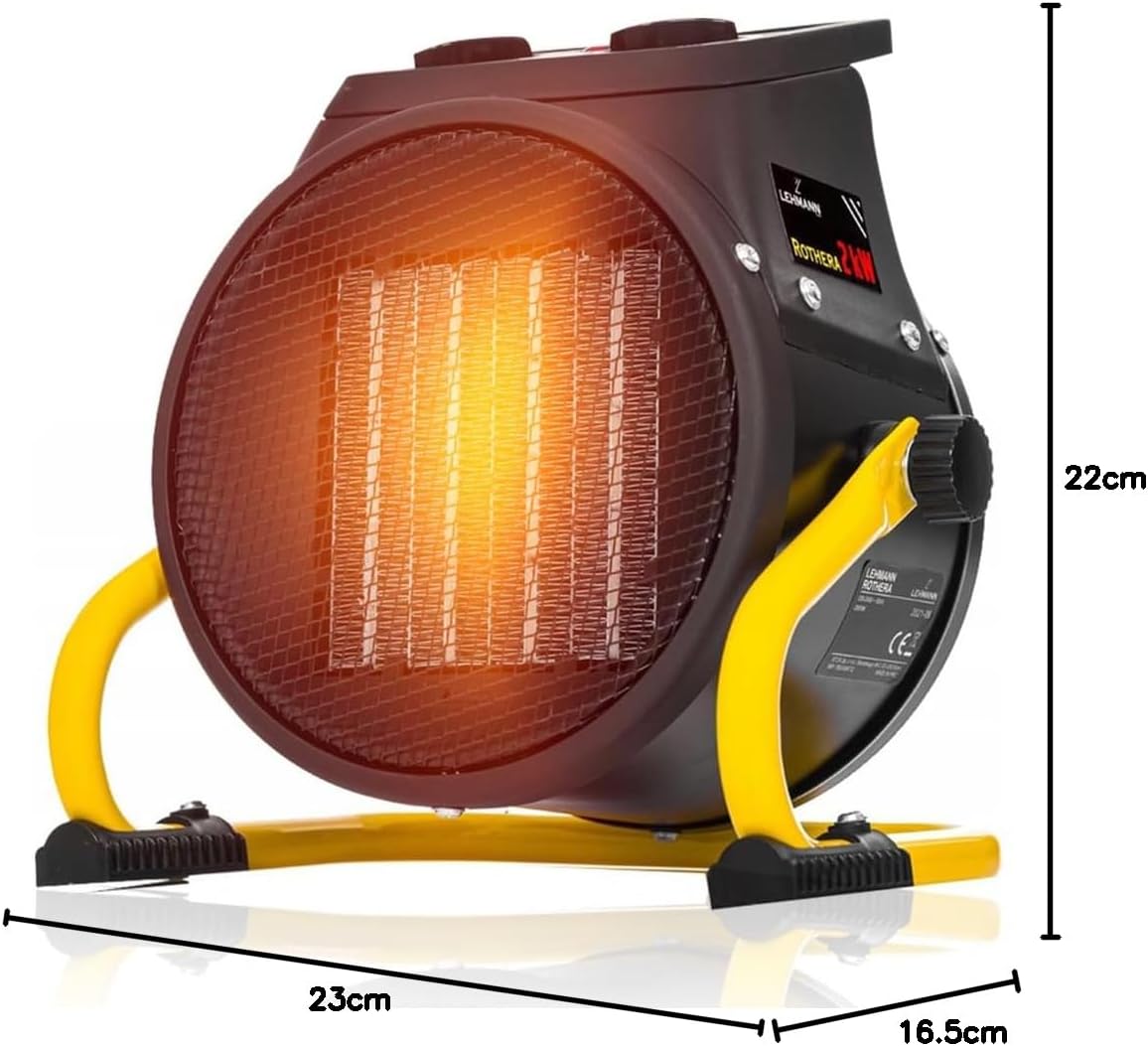 LEHMANN LTOHE-2016 Electric Fan Heater with dimensions labeled: 22cm height, 23cm width, 16.5cm depth.