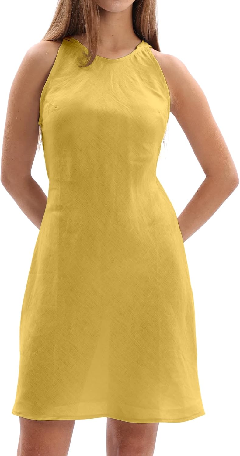 Amazhiyu Women's 100% Linen Summer Sleevelesss Crew Neck Mini Dresses Casual