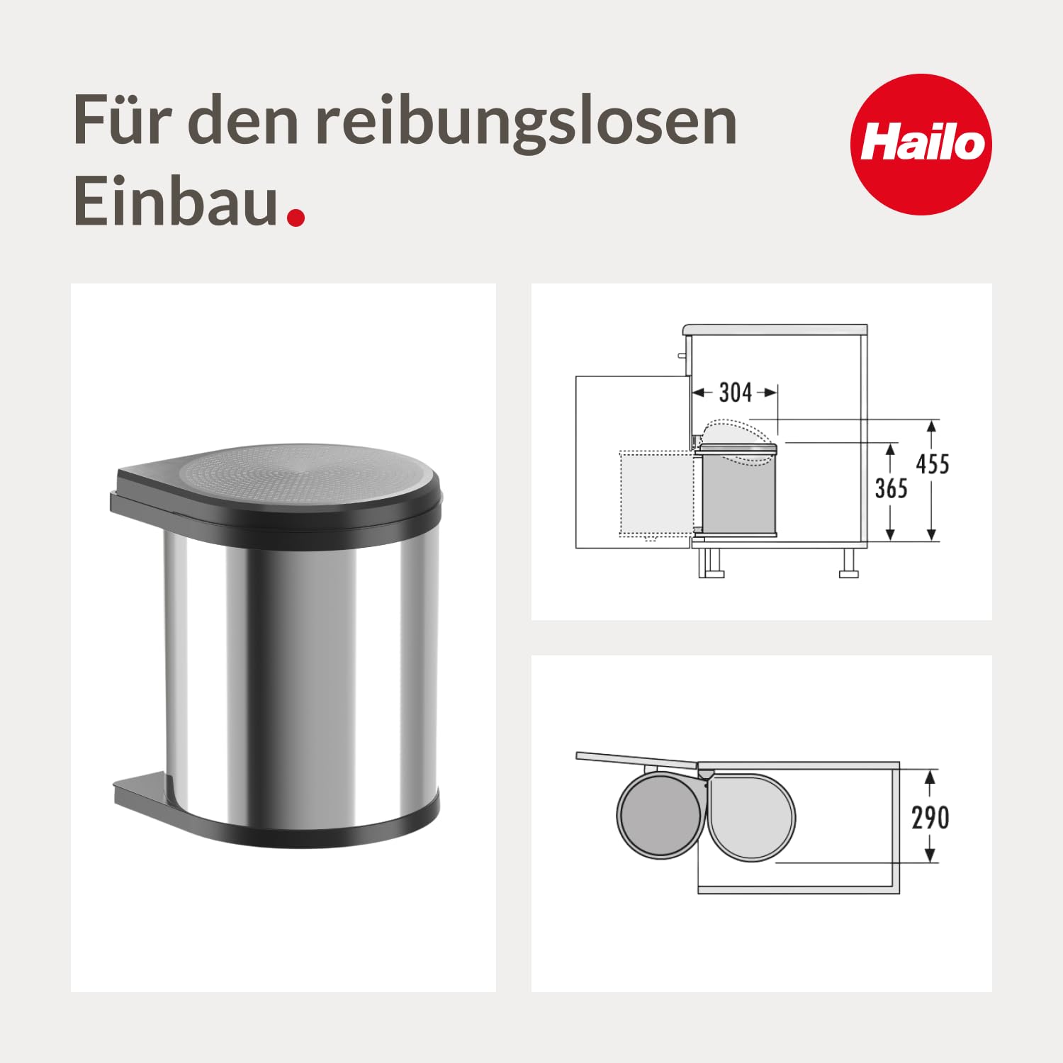 Hailo Abfallsammler Mono 3515031 | Einbau Schwenk Mülleimer Edelstahl für Küche | 15 Liter Abfalleimer mit Inneneimer | Für Drehtür-Schränke ab 40 cm Breite | Schwenkeimer schwarz für Unterschrank