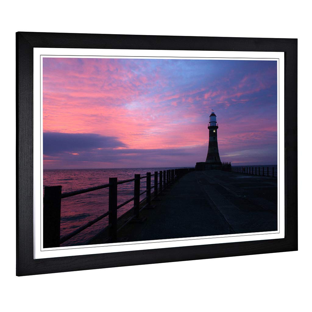 Big Box Art Framed Print of Seascape Pier Jetty Sea Lighthouse Design | Wall Art Picture | Home Decor for Kitchen, Living Room, Bedroom, Hallway, Black, A2 / 24.5x18 Inch / 62x45cm