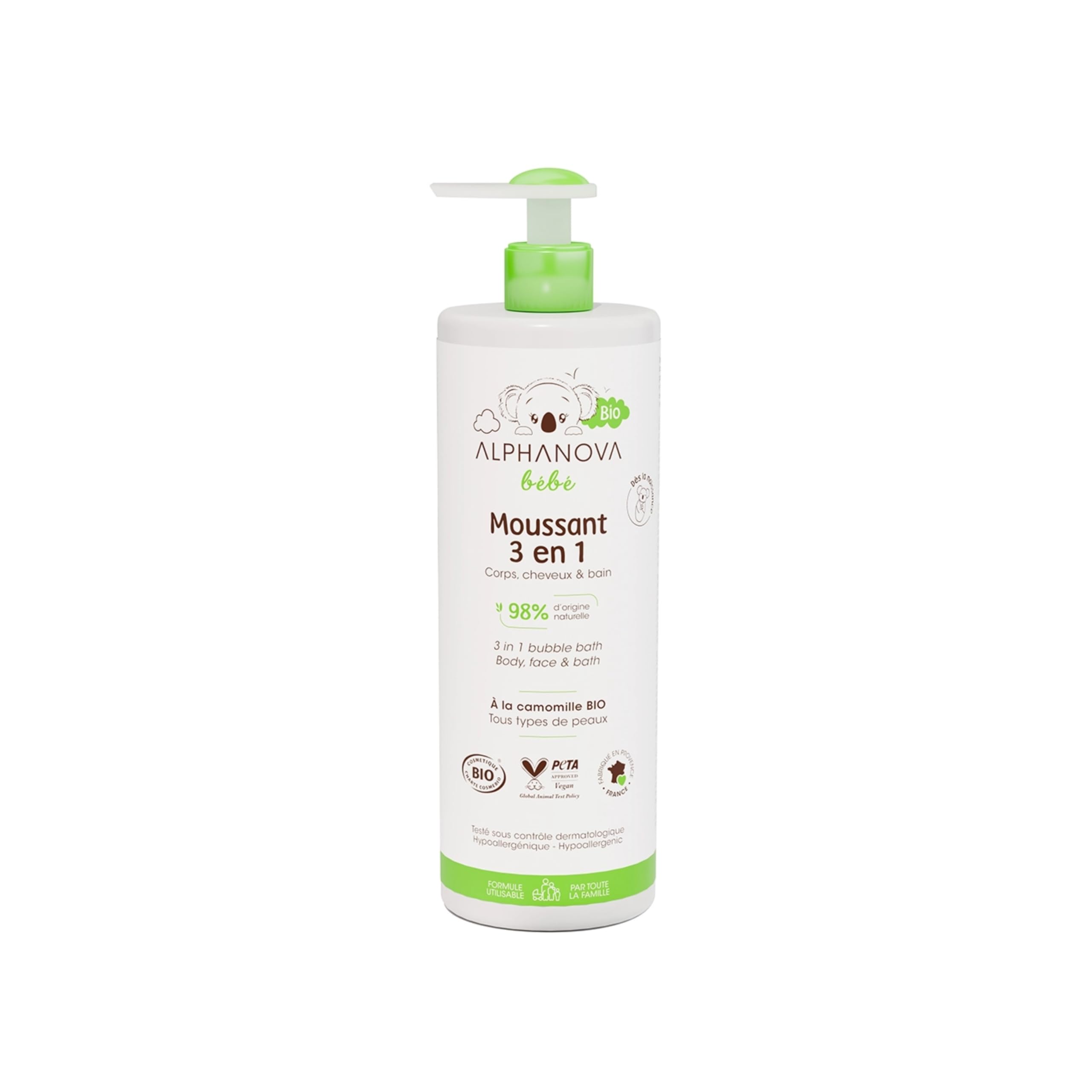 Alphanova, Bain moussant pour bébé, 3 en 1 - Bain corporel, shampooing et bain moussant, hypoallergénique, ne pique pas les yeux - Biologique - 500ml