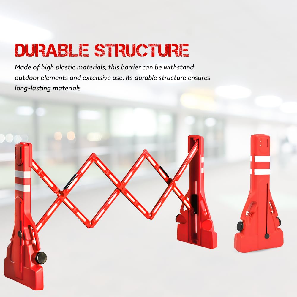 Lot de 2 barricades extensibles – Rouge | Barrière pliable en plastique de 2,3 m | Barrière de sécurité routière réfléchissante pour plus de sécurité | Barrière mobile portable avec base à remplir