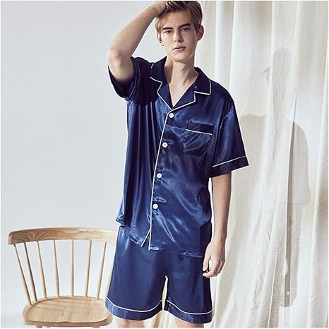 Amazon Co Jp 男子100 シルクパジャマは ツーピース薄い半袖着物部屋着セットを設定します Color Blue Size Xxxl 服 ファッション小物