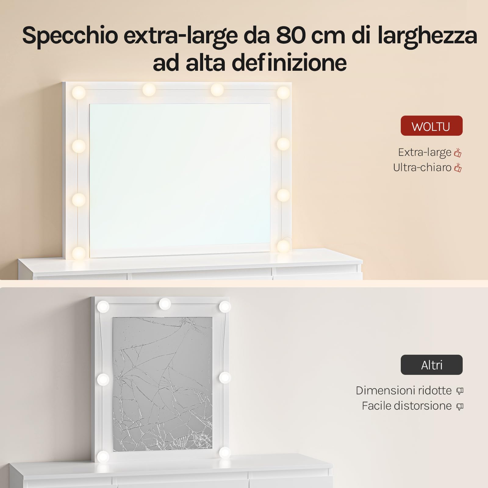WOLTU Grande toeletta da trucco, Toeletta con Specchio e Luci, Tavolo da trucco con specchio, Postazione Trucco con 7 cassetti per Camera da Letto, bianco, 107 cm