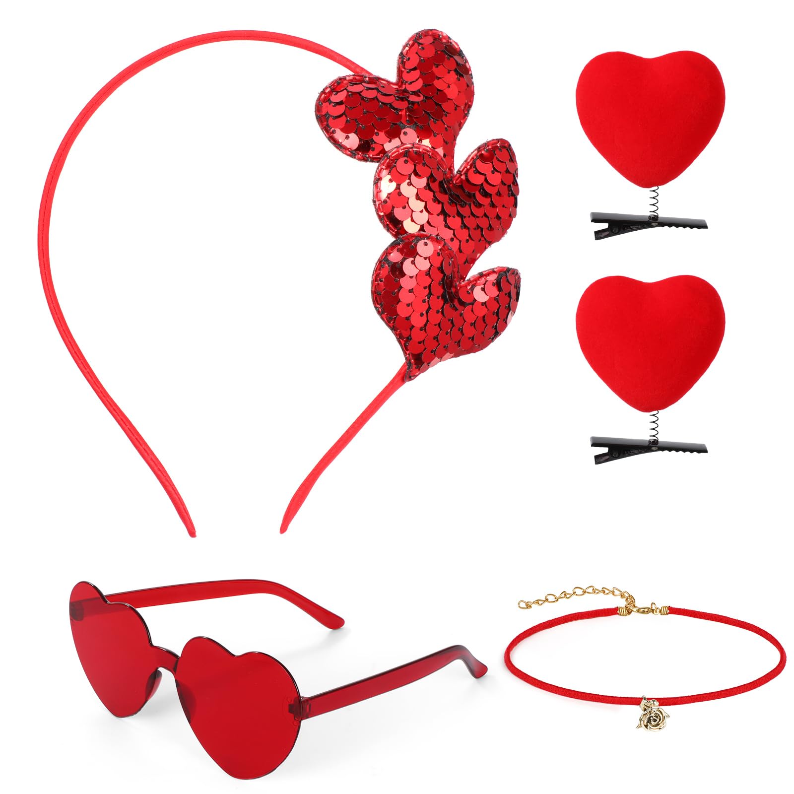 MWOOT Diadema de Corazón de Lentejuelas San Valentín, Gafas de Sol Corazon, Pinzas para el Cabello con Corazón Rojo, Gargantilla de Rosa, Accesorios para Disfraces para Boda Despedida de Soltera