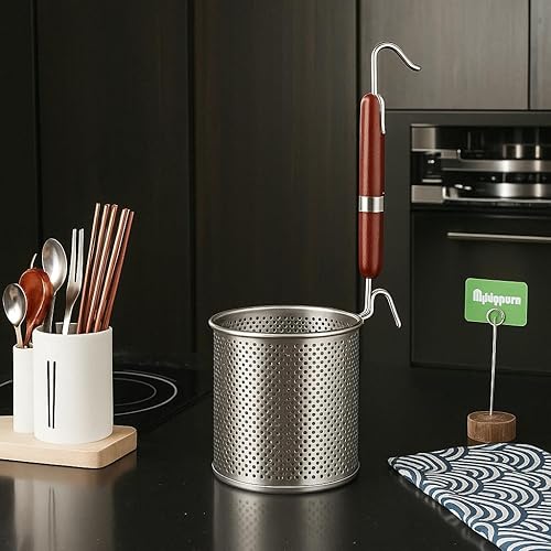 Miniatura 5 de Cesta de malla para pasta, colador de alimentos para olla, colador con mango redondo de madera, malla de acero inoxidable, colador de araña para