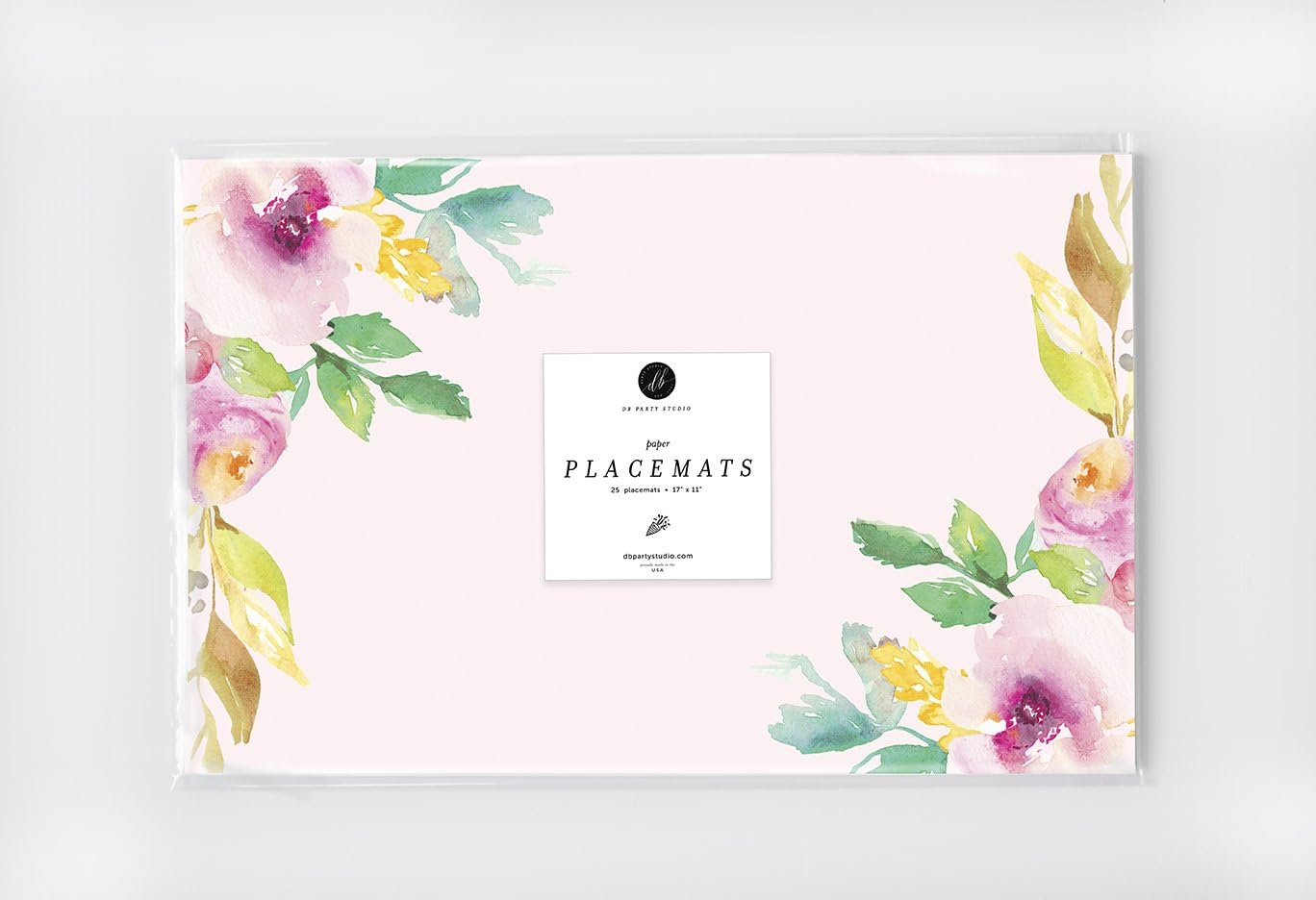 DB Party Studio Paper Placemats Floral 25 Pack Pink Watercolor Disposable Place Mats for Parties Bridal Baby Shower Birthday Event Party Decor Kitchen Table Setting Decoration 17" x 11" Placemat Set