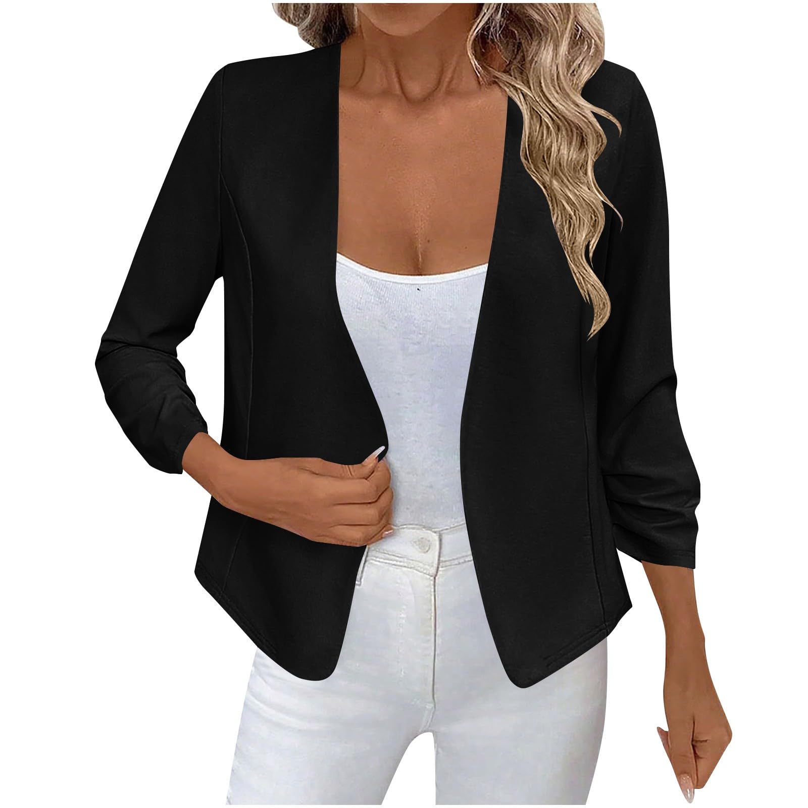 Womens Casual Open Front Blazers 3 4 Sleeve Office Lightweight Blazer Jackets