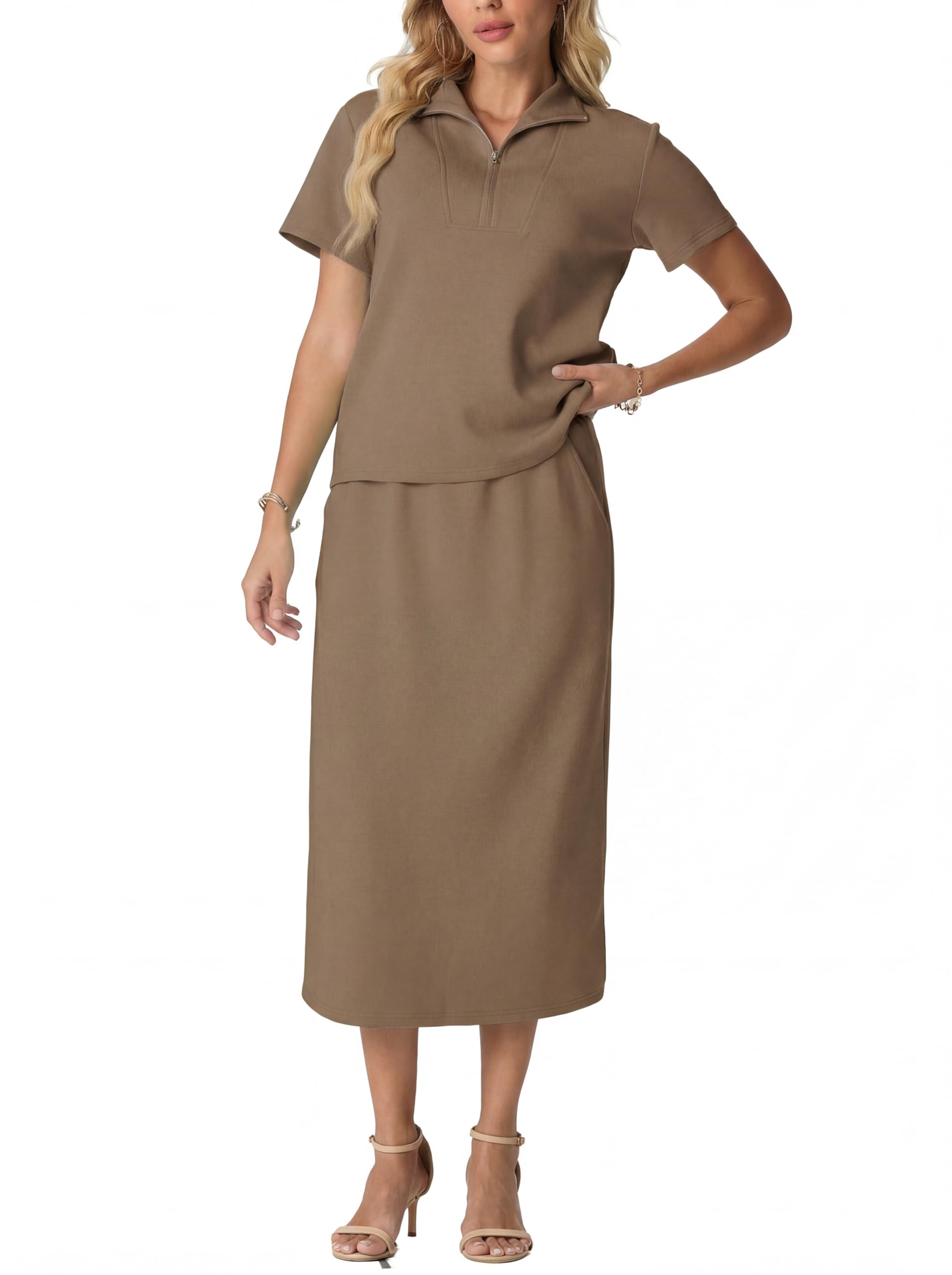 GRECERELLE Ensemble complet de survêtement d'été pour femme - Tenue deux pièces à manches courtes et demi-fermeture éclair - Pull décontracté et jupe midi à taille élastique avec poches