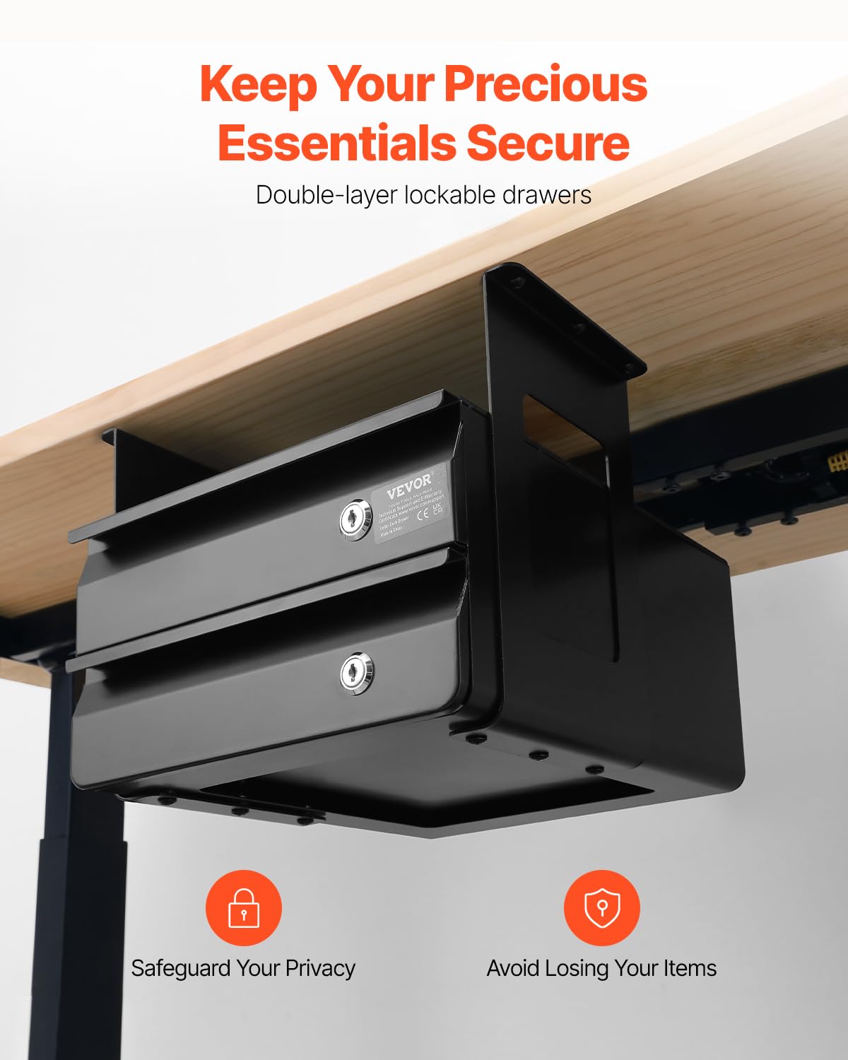 VEVOR Cajones Deslizables Debajo del Escritorio con Cerradura 2 Capas Cajón Extraíble Montado Debajo de Mesa Organizador de Almacenamiento Oculto de Escritorio con Cerradura, 365 x 335 x 250 mm
