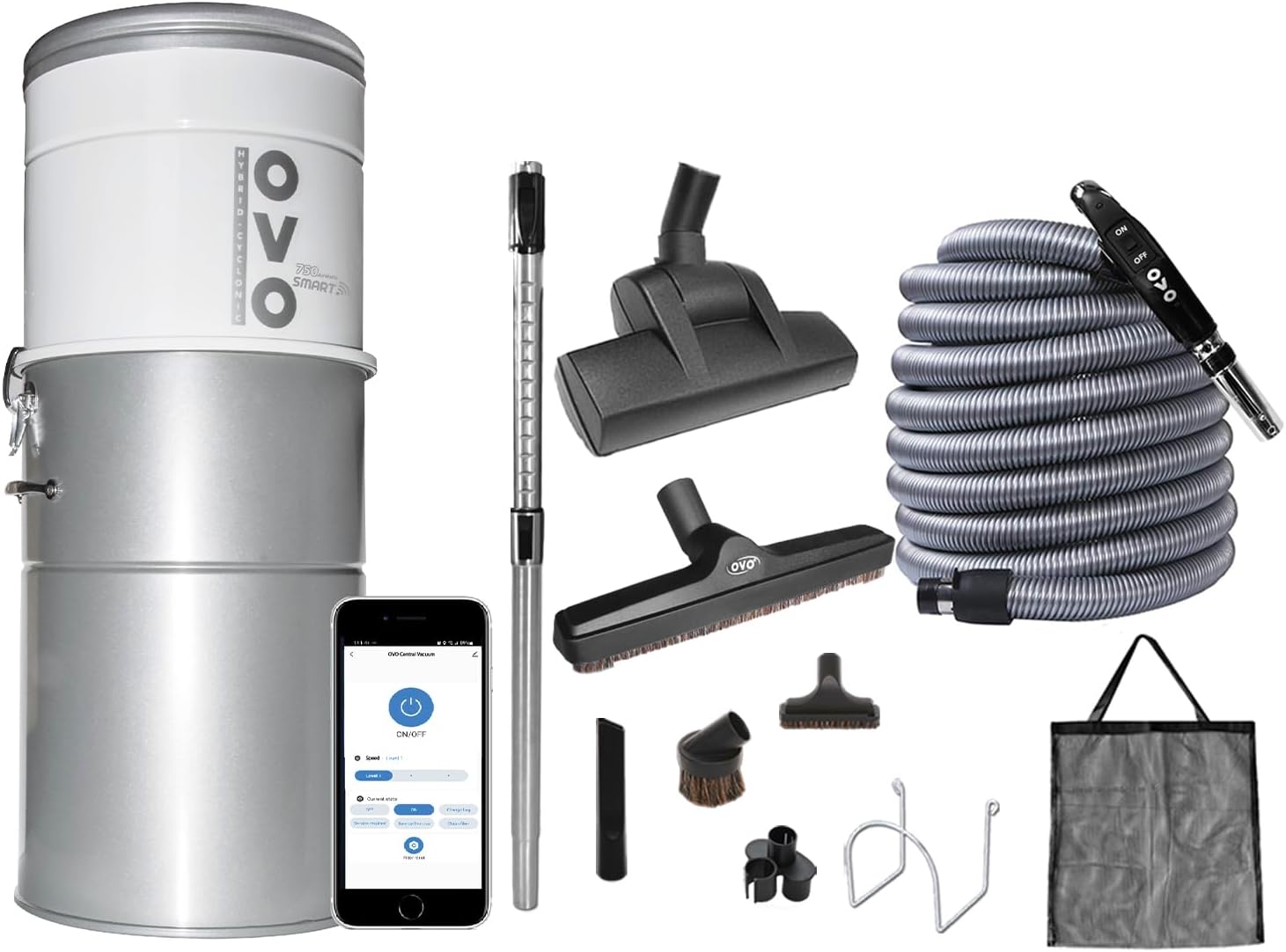 OVO 750 AW Smart Central Vacuum System- Conventional & Smart App ON/Off Control and More-Hybrid Filtration, Ultra Quiet, Covers up to 10,000 Sq. Ft., Soft Start/Stop, 3 Suction Levels & Voice Control