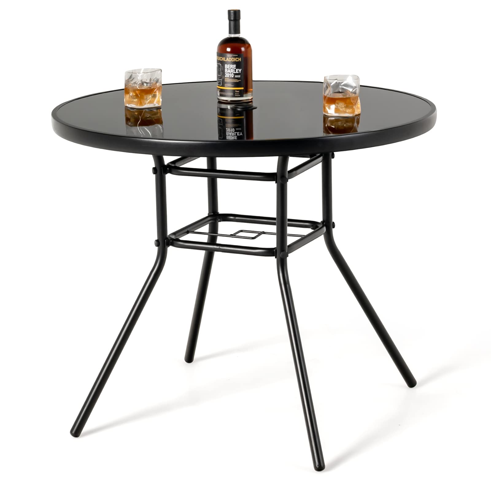 TANGZON Patio Bistro Set, Outdoor Tempered Glass Table and Swivel Chairs Set with Umbrella Hole & Thick Cushion, 3 Pieces Metal Garden Furniture Set for Lawn, Backyard, Balcony (Table)