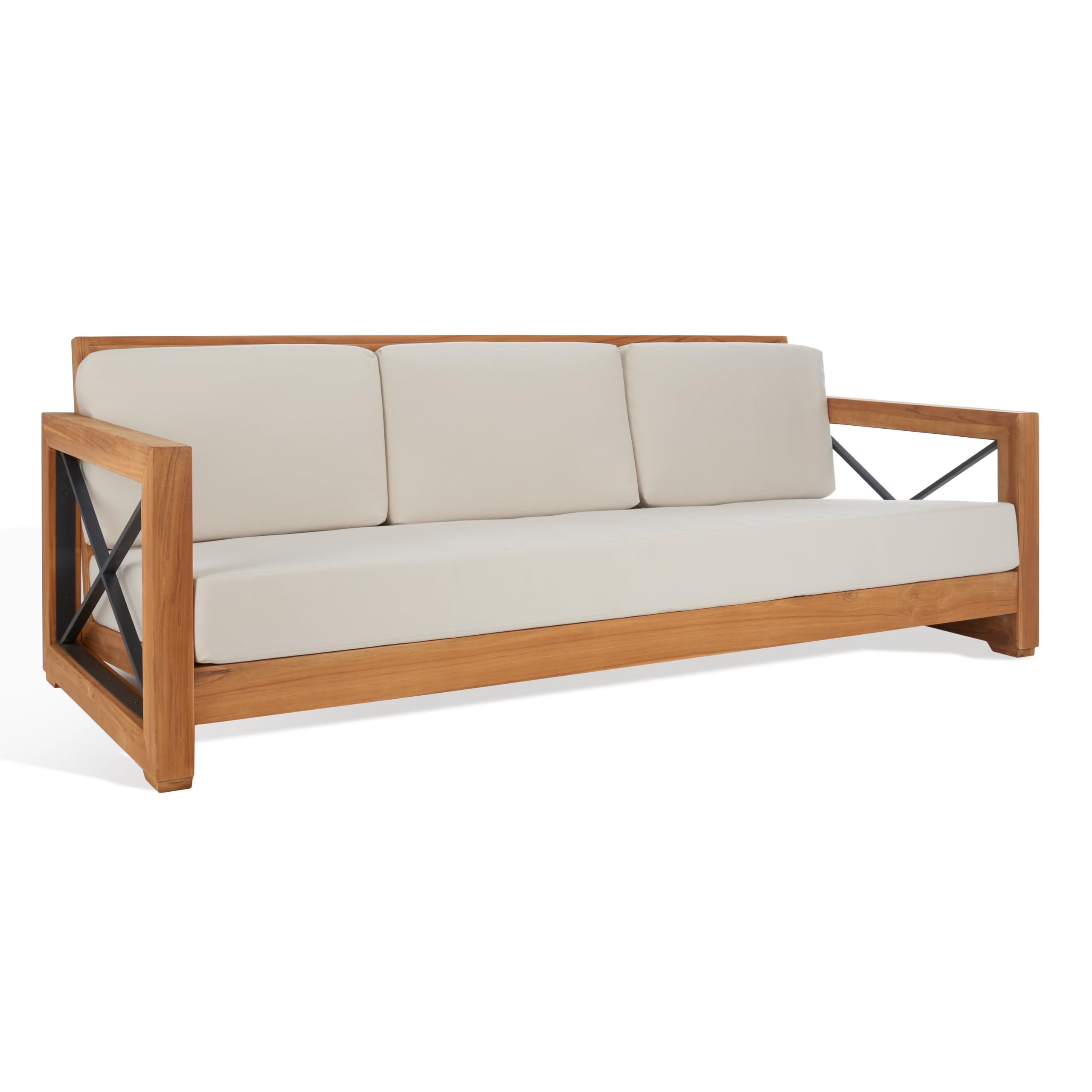 SAFAVIEH Couture Outdoor Patio Furniture Collection – Curacao 3-Seat Patio Sofa, Brazilian Teak Wood Frame with Removable White Cushions, Modern