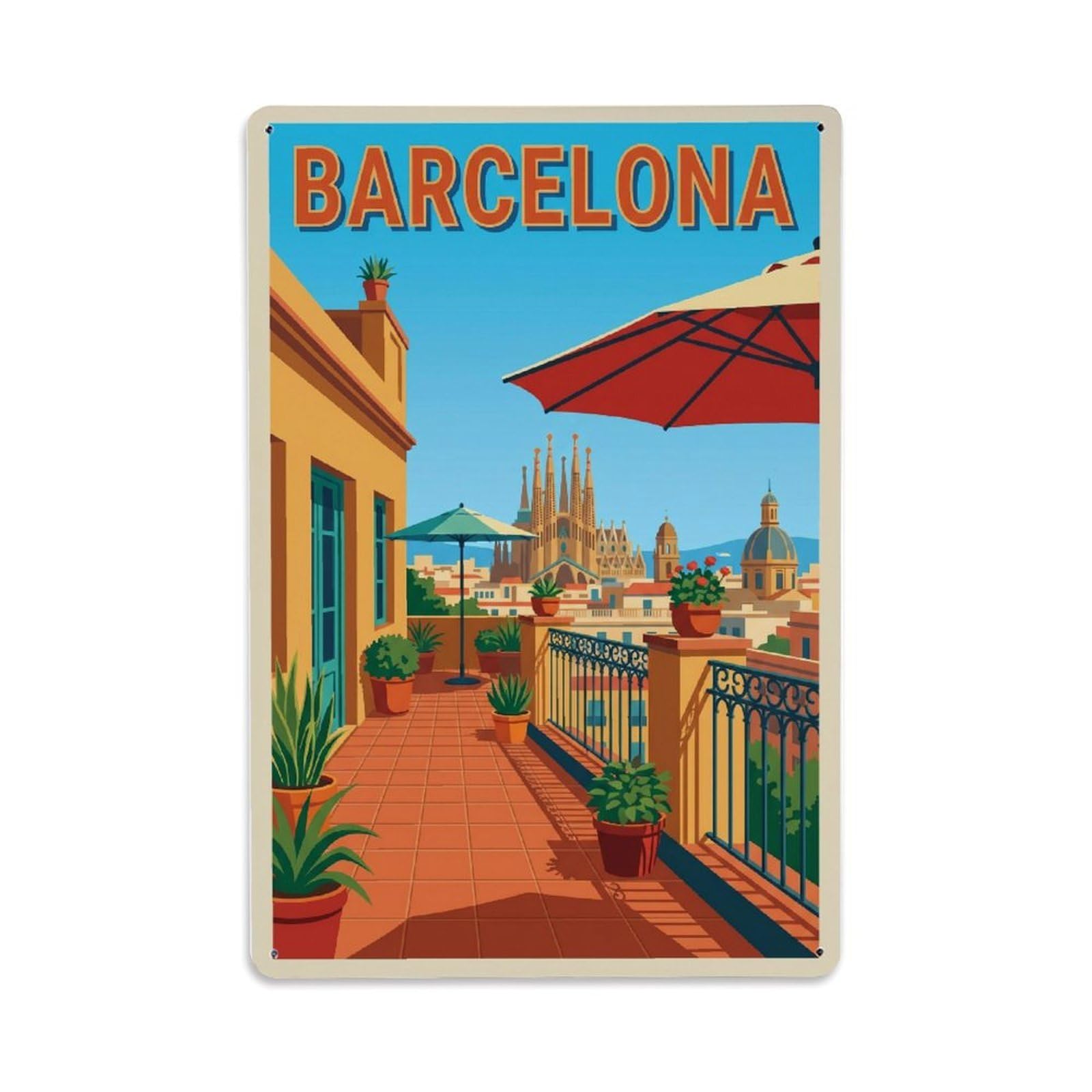 Vintage Travel Terrace Spain Rooftop Metal Tin Sign Plaque Wall Decor for Cafe, Club Bar, Office, Home Garden Metal Poster 8x12Inch