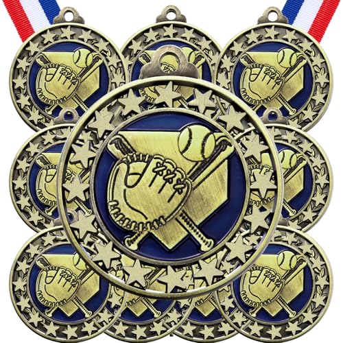 Misdary 12 Pack Baseball Award Medals with Neck Ribbons Participation Trophies for Kids Sports Metal Awards Party Favors for Sports Competitions Celebration Gift