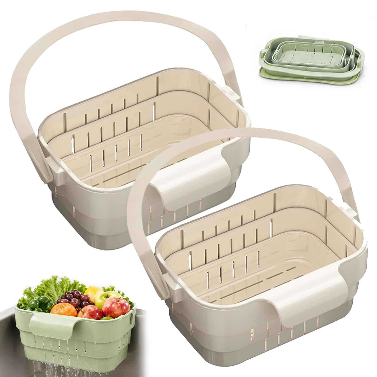 2PCS Collapsible Faucet-Hanging Sink Strainer Basket, Foldable Hanging Sink Drain Basket Stretchable Kitchen Colander, Space Saving Food Strainer Basket with Drainage Holes for Fruit Vegetable (White)