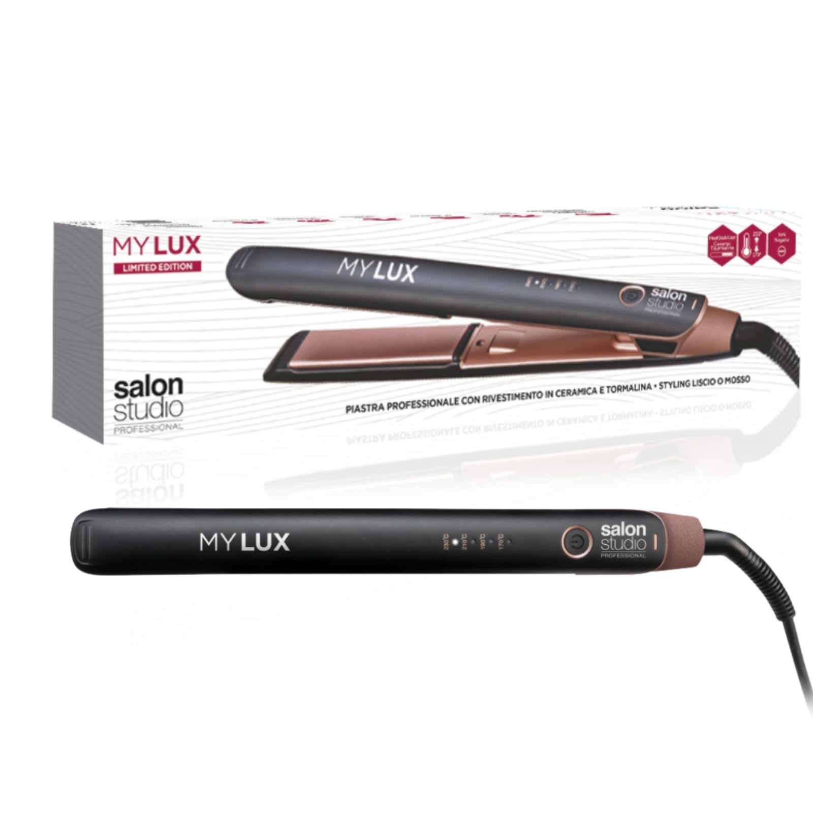 Salon Studio Professional, MyLux Piastra per Capelli 2 in 1 in Ceramica Tormalina, Temperatura Regolabile Fino a 230°, Schermo Led, Funzione Autospegnimento, Riscaldamento Rapido, Limited Edition